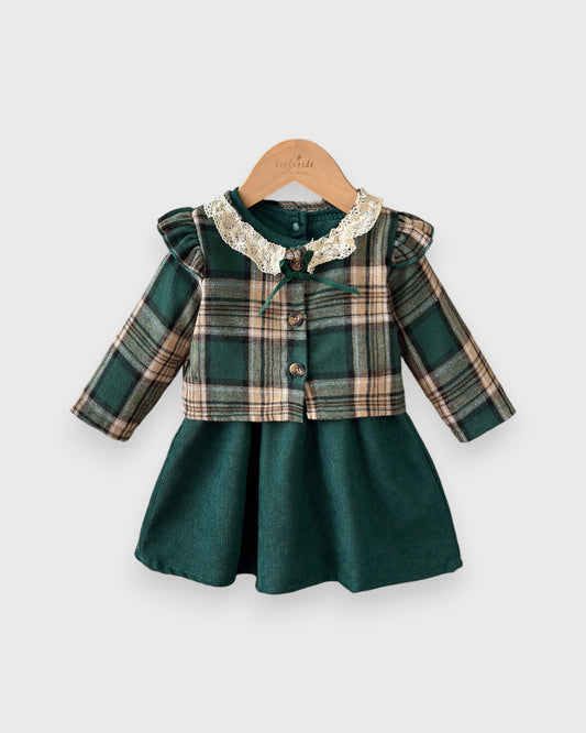 2 Pcs Baby Girl Corduroy Dress with Plaid Cardigan