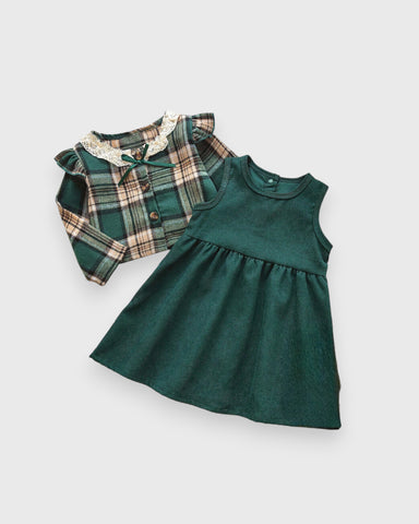2 Pcs Baby Girl Corduroy Dress with Plaid Cardigan