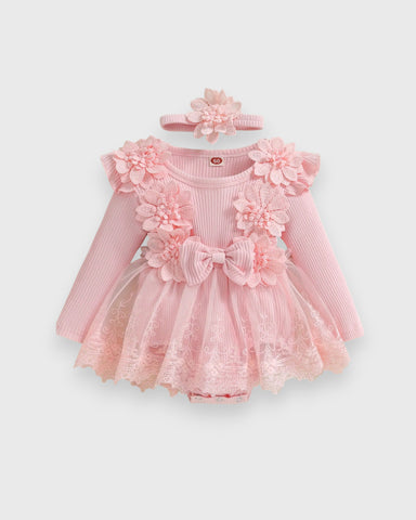 2 Pc Baby Girl Flower Applique Mesh Skirt Bodysuit Dress