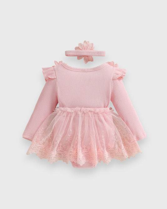 2 Pc Baby Girl Flower Applique Mesh Skirt Bodysuit Dress