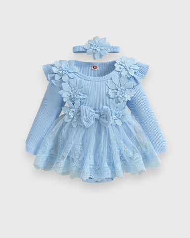 2 Pc Baby Girl Flower Applique Mesh Skirt Bodysuit Dress