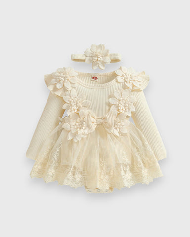 2 Pc Baby Girl Flower Applique Mesh Skirt Bodysuit Dress