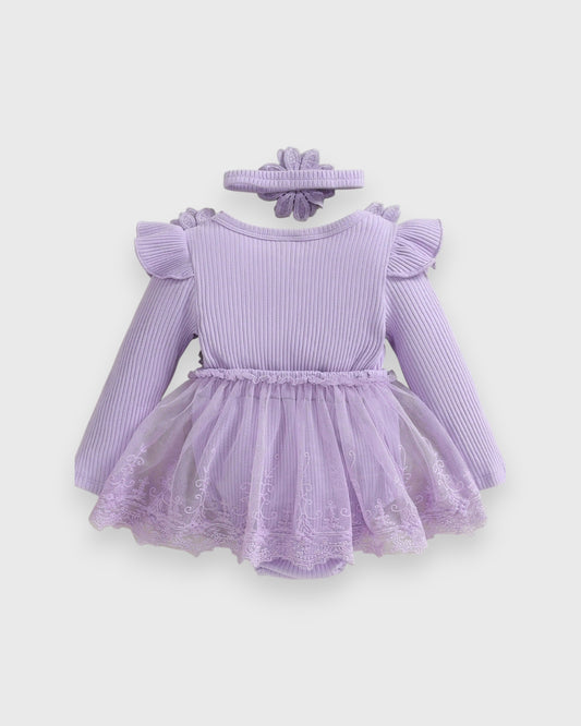 CL-2 Pc Baby Girl Flower Applique Mesh Skirt Bodysuit Dress