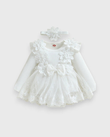 2 Pc Baby Girl Flower Applique Mesh Skirt Bodysuit Dress