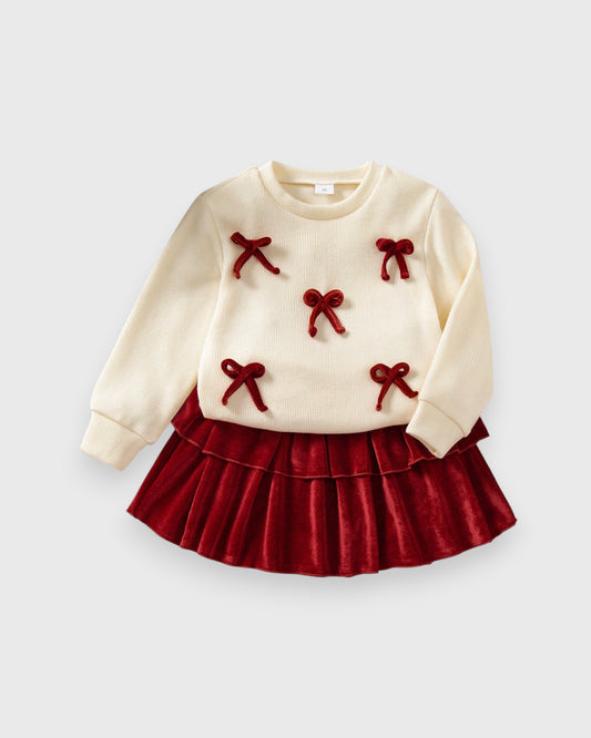 Girls 2 Bow Sweater Velvet Skirt Set