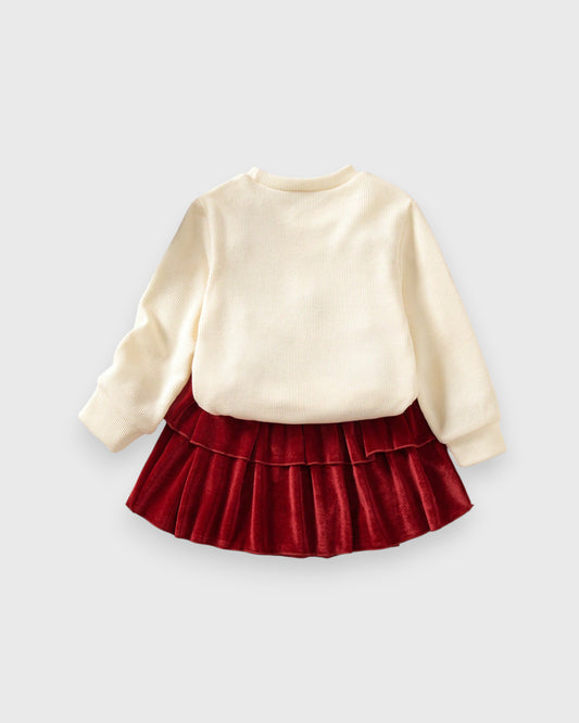 Girls 2 Bow Sweater Velvet Skirt Set