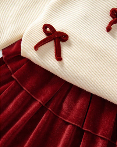 Girls 2 Bow Sweater Velvet Skirt Set