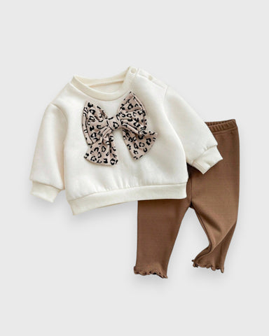 2 Pc Infant Baby Girl Leopard Bow Sweatshirt Set