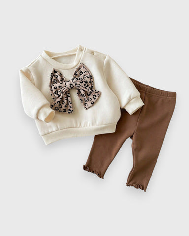 2 Pc Infant Baby Girl Leopard Bow Sweatshirt Set
