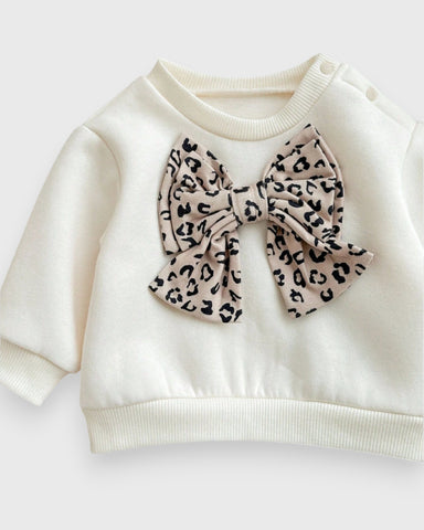 2 Pc Infant Baby Girl Leopard Bow Sweatshirt Set