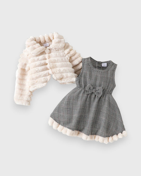 2Pc Baby Girl Furry Jacket & Glen Plaid Dress
