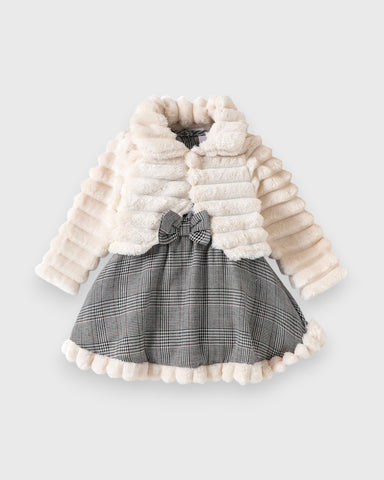 2Pc Baby Girl Furry Jacket & Glen Plaid Dress