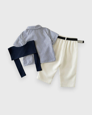 3 Pc Baby Boy Stripe Shirt w/ Shawl Scarf & Pants Set