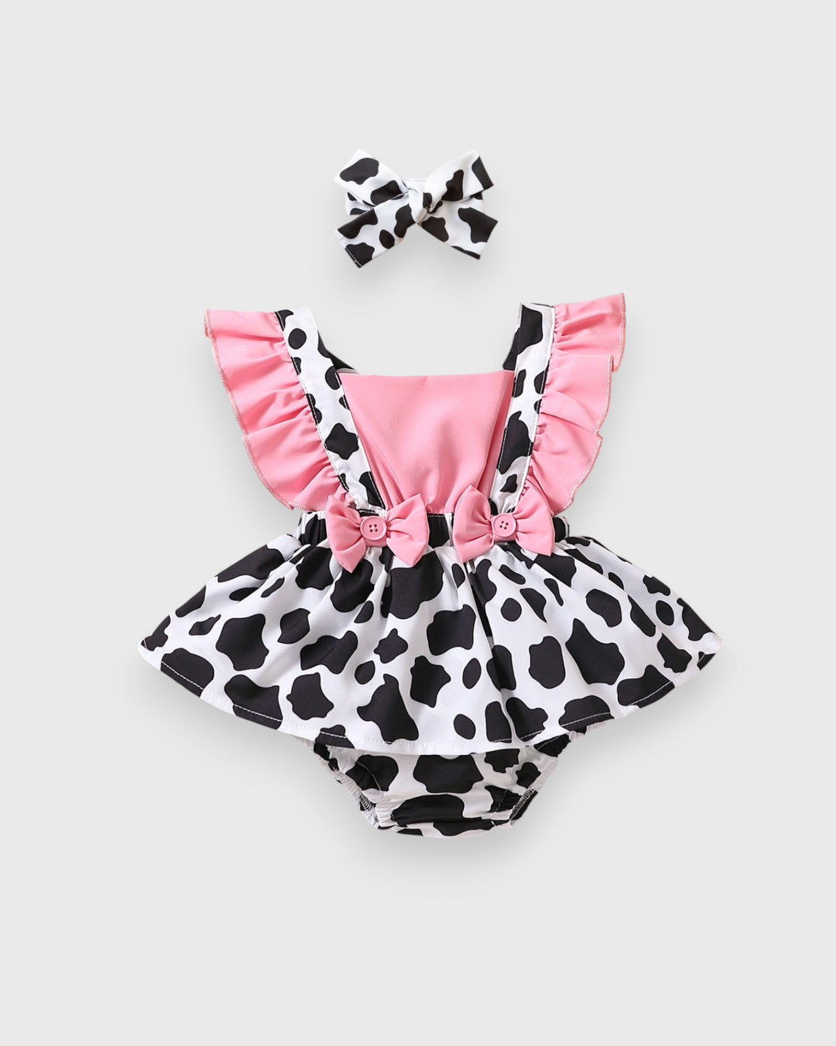 Baby Girl Cattle Cow Print Ruffle bloomers bodysuit with Matching Headband