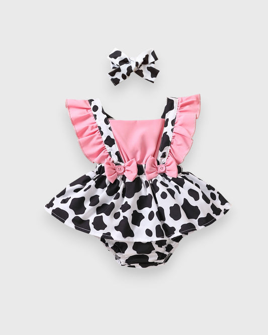 Baby Girl Cattle Cow Print Ruffle bloomers bodysuit with Matching Headband