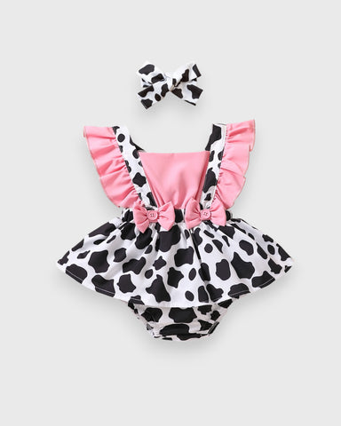Baby Girl Cattle Cow Print Ruffle bloomers bodysuit with Matching Headband