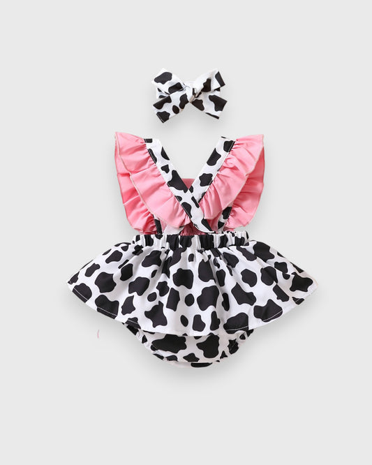 Baby Girl Cattle Cow Print Ruffle bloomers bodysuit with Matching Headband
