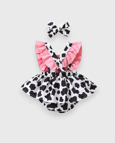 Baby Girl Cattle Cow Print Ruffle bloomers bodysuit with Matching Headband