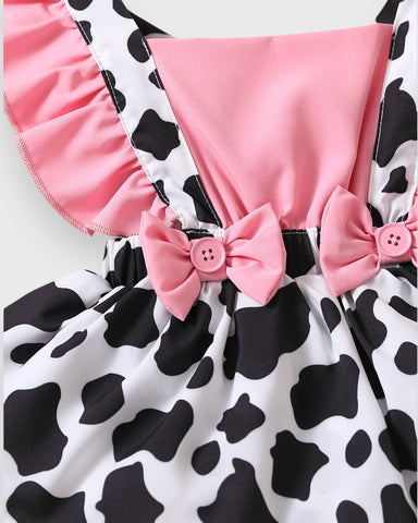 Baby Girl Cattle Cow Print Ruffle bloomers bodysuit with Matching Headband