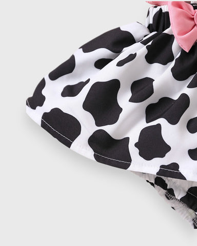 Baby Girl Cattle Cow Print Ruffle bloomers bodysuit with Matching Headband