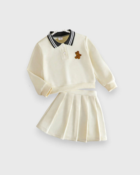 2 Pcs Girls Bear Patch Polo Shirt & Pleat Skirt