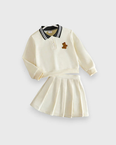 2 Pcs Girls Bear Patch Polo Shirt & Pleat Skirt