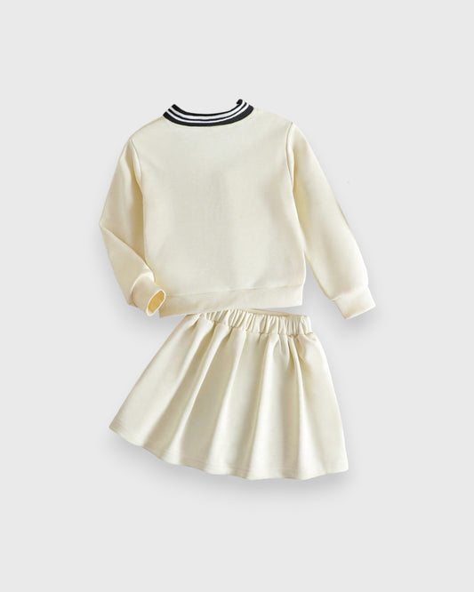 2 Pcs Girls Bear Patch Polo Shirt & Pleat Skirt