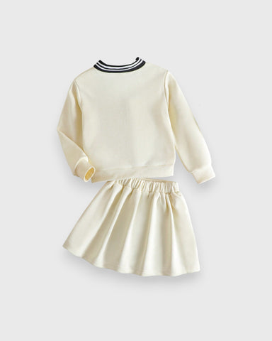 2 Pcs Girls Bear Patch Polo Shirt & Pleat Skirt