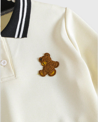 2 Pcs Girls Bear Patch Polo Shirt & Pleat Skirt