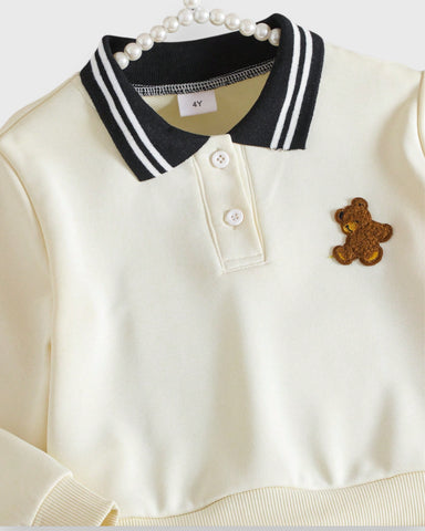 2 Pcs Girls Bear Patch Polo Shirt & Pleat Skirt