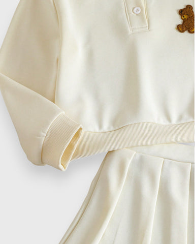2 Pcs Girls Bear Patch Polo Shirt & Pleat Skirt