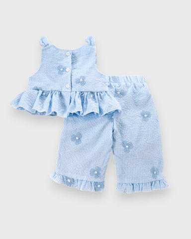 2 Pc Baby Girl Stripe Floral Emb Peplum Wide Leg Set