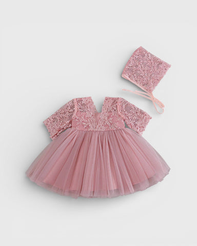 2 pc Baby Girl Lace Party Dress w/ Bonnet