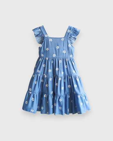 Girls Daisy Flower Print Tiered Sun Dress