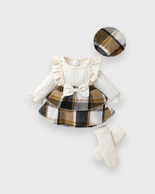3 Pc Infant Baby Girl Plaid Dress w/ Socks & Beret