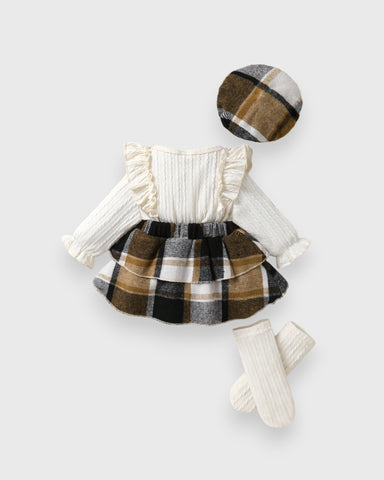 3 Pc Infant Baby Girl Plaid Dress w/ Socks & Beret