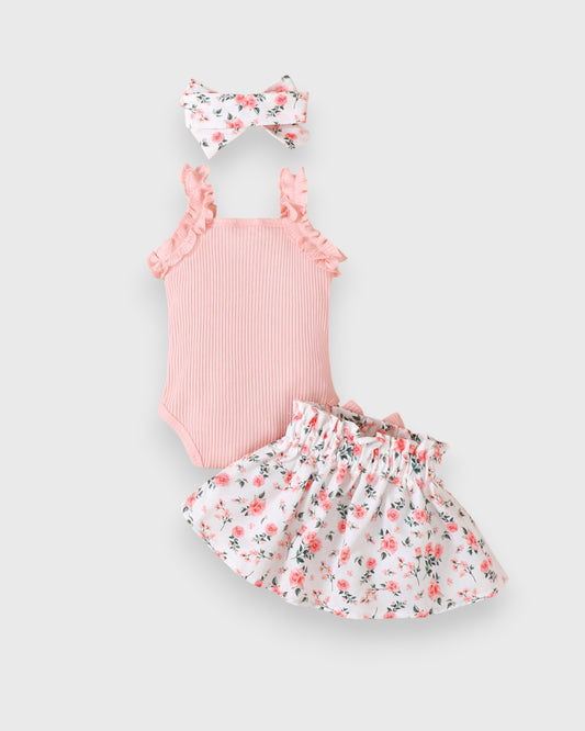 3 Pc Baby Girl Roses Ruffle Cami & Skirt Set