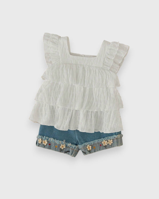 2 Pc Baby Girl Ruffle Top & Denim Flower Shorts