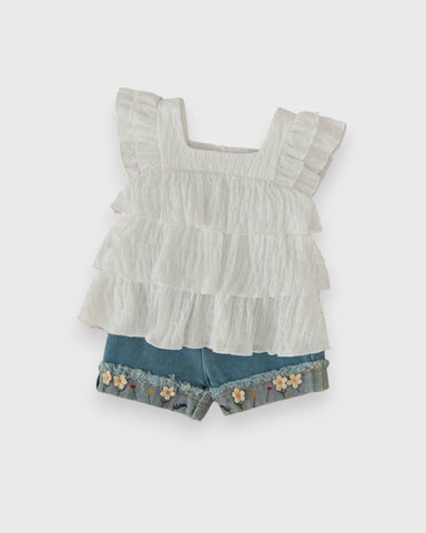 2 Pc Baby Girl Ruffle Top & Denim Flower Shorts
