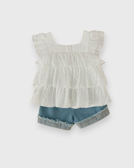 2 Pc Baby Girl Ruffle Top & Denim Flower Shorts