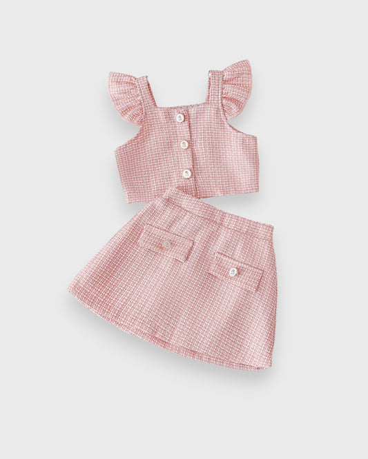 2 Pc Baby Girl Tweed Shirt & Skirt Set