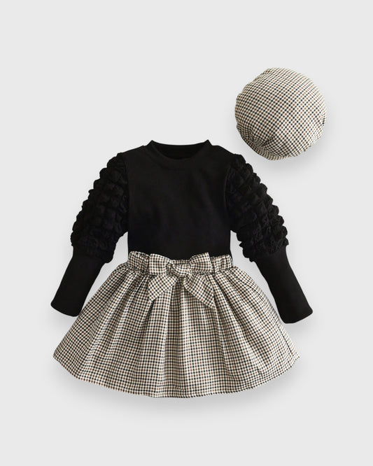 3 Pc Girls Bubble Sleeve Shirt w/Plaid Skirt