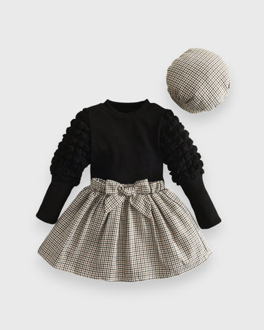 3 Pc Girls Bubble Sleeve Shirt w/Plaid Skirt