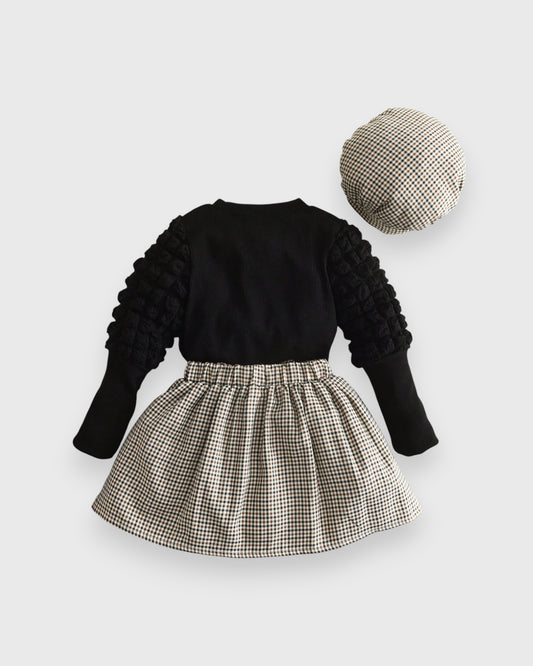 3 Pc Girls Bubble Sleeve Shirt w/Plaid Skirt
