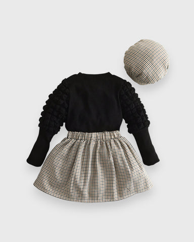 3 Pc Girls Bubble Sleeve Shirt w/Plaid Skirt