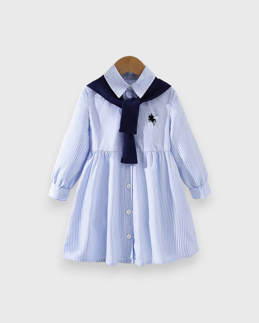 Girls Stripe Polo Dress w/ Shawl Scarf Tie