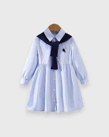 Girls Stripe Polo Dress w/ Shawl Scarf Tie