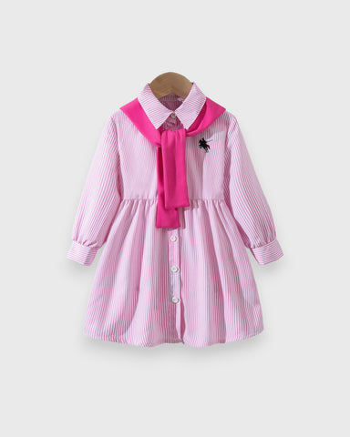 Girls Stripe Polo Dress w/ Shawl Scarf Tie