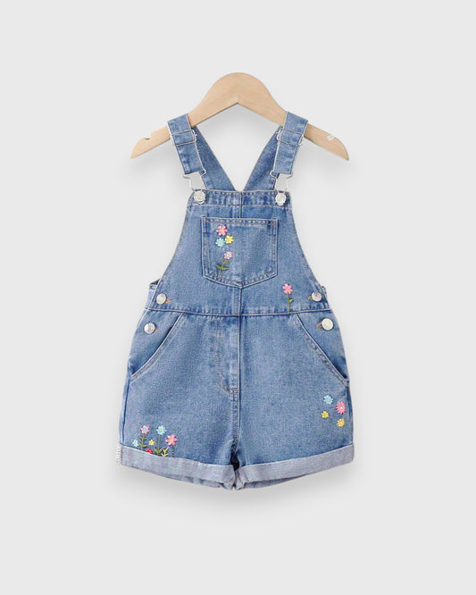 Toddler Girls Flower Embroidery Denim Overall