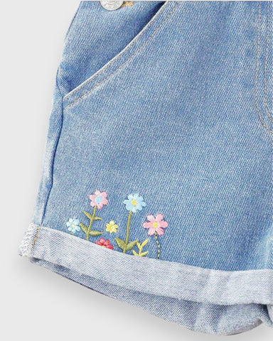 Toddler Girls Flower Embroidery Denim Overall